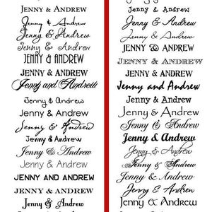 May include: Two columns of text, each with the names "Jenny & Andrew" written in different styles and fonts. The text in the left column is black, and the text in the right column is red.