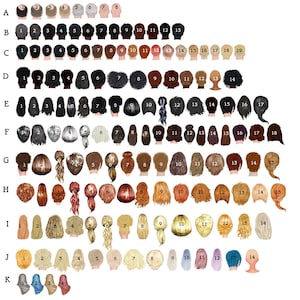 May include: A chart with 11 rows labelled A through K and 18 columns labelled 1 through 18. Each cell contains a different illustration of a person's head and shoulders, with various hairstyles and hair colours. The illustrations are in a cartoon style.