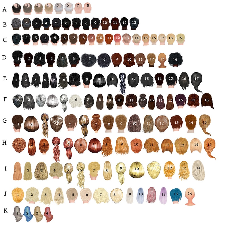 May include: A chart with 11 rows labelled A through K and 18 columns labelled 1 through 18. Each cell contains a different illustration of a person's head and shoulders, with various hairstyles and hair colours. The illustrations are in a cartoon style.