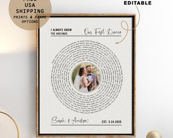 First Dance Song with photo Wedding Anniversary Gift Song Lyrics 1st Anniversary Gift for Her One Year Anniversary Gift Wedding Vow Wall Art