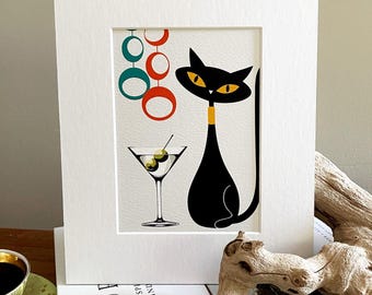 Atomic Black Cat Midcentury Modern Art Print – Retro Martini Cocktail Wall Decor – Vintage 1950s Style Artwork Gift for Cat Lover  Home Bar