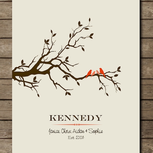 Regalo de boda personalizados, árbol con pájaros, arte de apellido personalizado, impresión del arte pared árbol genealógico para la casa 8 x 10 colores personalizados y fuentes