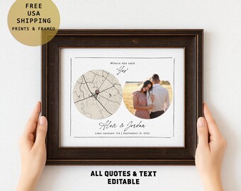 Custom Proposal Gift, Where We Got Engaged Print, Personalized Photo and Map Print for Couples Wedding Gift,  Frame options too