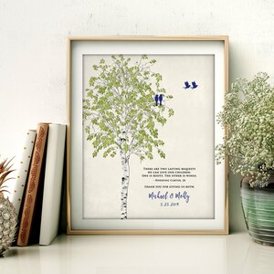 May include: A printable wedding sign with a watercolor illustration of a birch tree with two blue birds perched on a branch. The text reads "There are two lasting bequests we can give our children. One is roots. The other is wings. - Hodding Carter, Jr. Thank you for giving us both. Michael & Molly 5.25.2019"