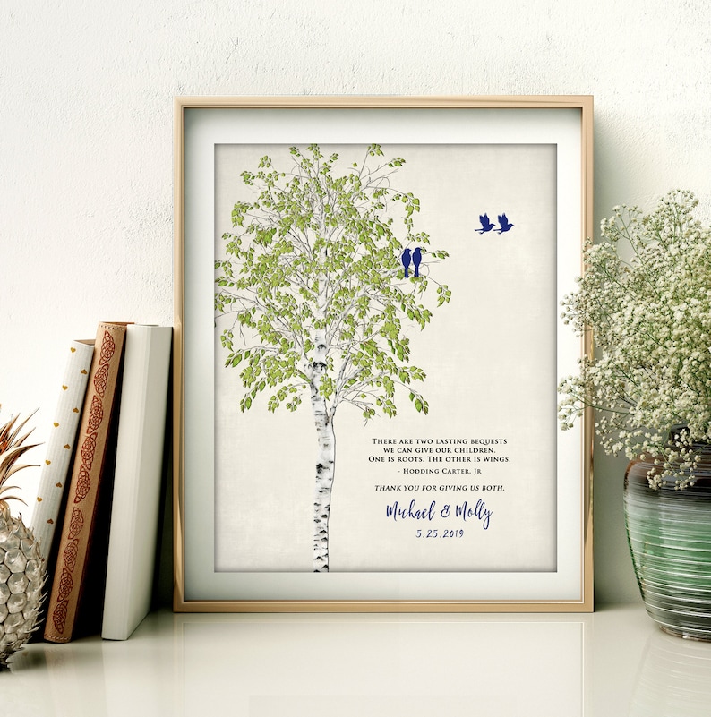 May include: A printable wedding sign with a watercolor illustration of a birch tree with two blue birds perched on a branch. The text reads "There are two lasting bequests we can give our children. One is roots. The other is wings. - Hodding Carter, Jr. Thank you for giving us both. Michael & Molly 5.25.2019"