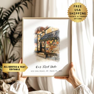 May include: Watercolor print of a bookstore with the text "Water Street Bookstore." The print includes the text "Our First Date" and the date March 15, 2025. The print is in a gold frame.