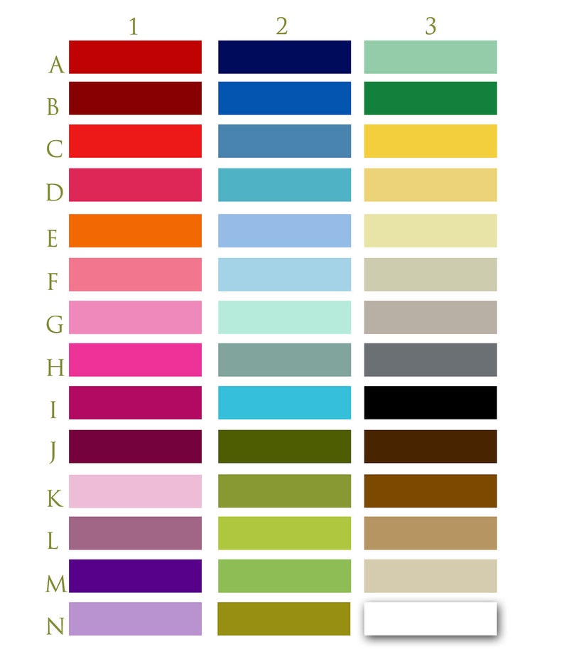 May include: A color chart with 14 rows and 3 columns. The first column has 14 different shades of red, pink, and purple. The second column has 14 different shades of blue, green, and gray. The third column has 14 different shades of green, yellow, and brown.