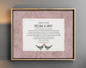 Custom Wedding Gift, 1 Corinthians 13 Wall Art, Personalized Anniversary Gift for Wife, Love Is Patient Love Is Kind Print, Christian Couple