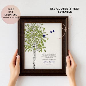 May include: A framed print featuring a tree illustration with green leaves and a white trunk. Two blue birds are perched on the tree, and two more are flying above. The print includes text that reads "ALL QUOTES & TEXT EDITABLE."