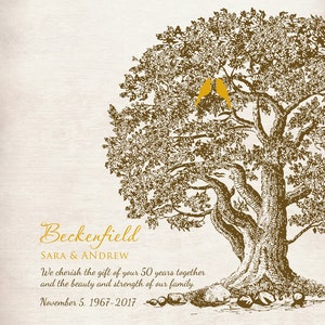 May include: A vintage-style illustration of a large tree with two yellow birds perched on a branch. The text "Beckenfield SARA & ANDREW We cherish the gift of your 50 years together and the beauty and strength of our family. November 5. 1967-2017" is written below the tree.