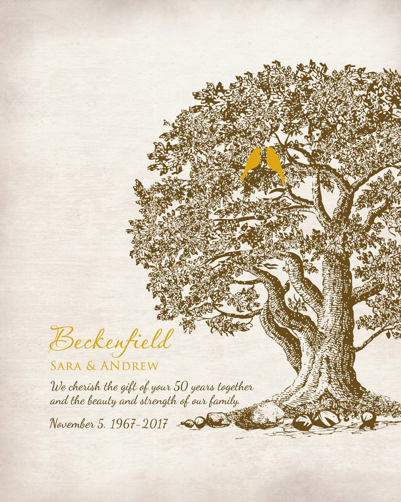 May include: A vintage-style illustration of a large tree with two yellow birds perched on a branch. The text "Beckenfield SARA & ANDREW We cherish the gift of your 50 years together and the beauty and strength of our family. November 5. 1967-2017" is written below the tree.