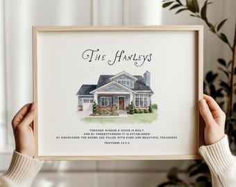 Proverbs 24:3-4 House Gift | Personalized Christian Home Decor | Custom Watercolor House Portrait | Bible Verse Wedding Gift