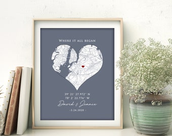Where it all began Map print gift, Custom location city map where we met personalized wall art print, Love heart city map print 8 x 10