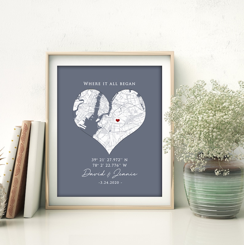 Where it all began Map print gift, Custom location city map where we met personalized wall art print, Love heart city map print 8 x 10 