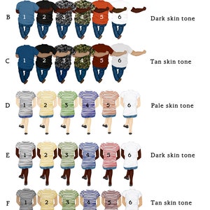 May include: Illustration of six people standing in a line, facing away from the viewer. Each person is wearing a different coloured shirt and has a different skin tone. The people are labelled with letters A through F and numbers 1 through 6. The image shows different skin tones, including pale, dark, and tan.