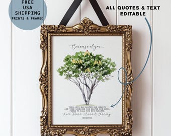 May include: Framed art print with a gold ornate frame, featuring a watercolor tree design. The tree has green leaves and yellow birds. Text includes "Because of you..." and a personalized message. A black ribbon is used for hanging.