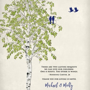May include: A watercolor illustration of a birch tree with green leaves and a white trunk. Two blue birds are perched on a branch, and two more are flying above. The text "THERE ARE TWO LASTING BEQUESTS WE CAN GIVE OUR CHILDREN. ONE IS ROOTS. THE OTHER IS WINGS. - HODDING CARTER, JR THANK YOU FOR GIVING US BOTH, Michael & Molly 5.25.2019" is printed below the tree.