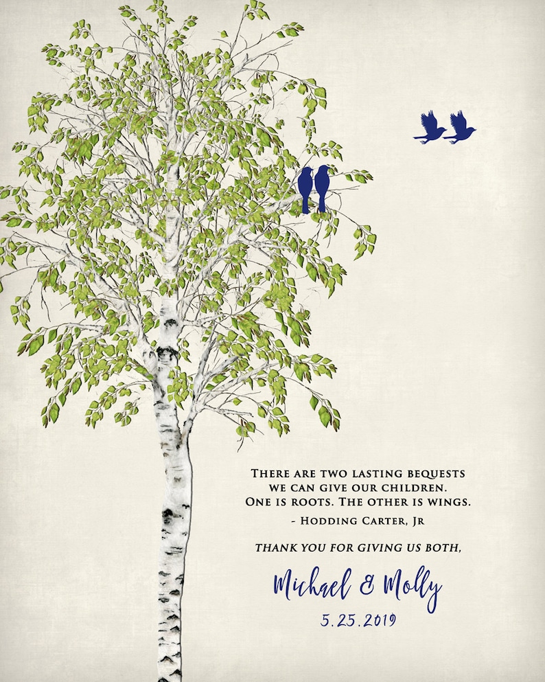 May include: A watercolor illustration of a birch tree with green leaves and a white trunk. Two blue birds are perched on a branch, and two more are flying above. The text "THERE ARE TWO LASTING BEQUESTS WE CAN GIVE OUR CHILDREN. ONE IS ROOTS. THE OTHER IS WINGS. - HODDING CARTER, JR THANK YOU FOR GIVING US BOTH, Michael & Molly 5.25.2019" is printed below the tree.