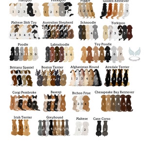 May include: A chart featuring illustrations of various dog breeds, each labelled with a number underneath. The breeds include Maltipoo, Peekapoo, Puggle, Golden Retriever, Maltese Shih Tzu, Australian Shepherd, Schnoodle, Yorkipoo, Poodle, Labradoodle, Toy Poodle, Brittany Spaniel, Boston Terrier, Afghan Hound, Airedale Terrier, Corgi Pembroke, Basenji, Bichon Frise, Chesapeake Bay Retriever, Irish Terrier, Greyhound, Maltese, and Cane Corso.