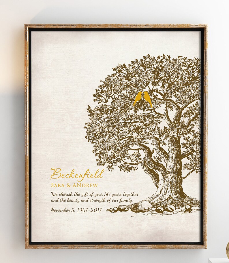 May include: A framed print with a vintage illustration of a large tree with two yellow birds perched on a branch. The text below the tree reads "Beckenfield SARA & ANDREW We cherish the gift of your 50 years together and the beauty and strength of our family. November 5, 1967-2017"