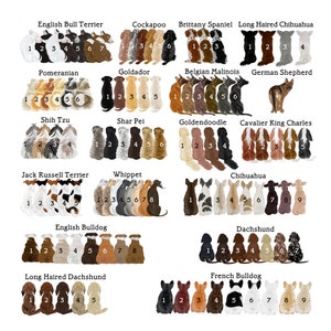 May include: A chart featuring illustrations of various dog breeds, each depicted with a row of dogs. The breeds include: English Bull Terrier, Cockapoo, Brittany Spaniel, Long Haired Chihuahua, Pomeranian, Goldador, Belgian Malinois, German Shepherd, Shih Tzu, Shar Pei, Goldendoodle, Cavalier King Charles, Jack Russell Terrier, Whippet, Chihuahua, English Bulldog, Long Haired Dachshund, Dachshund, and French Bulldog.