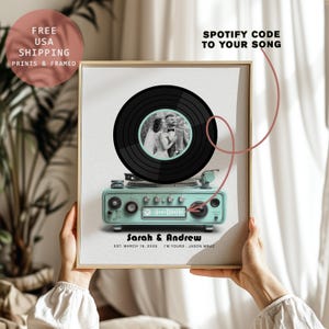 May include: A framed print featuring a black vinyl record with a photo of a couple in the center, set on a vintage-style turquoise record player. The print includes the names "Sarah & Andrew", date, and song title. A Spotify code is also included.