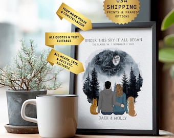 May include: A framed print featuring a couple and their pets under a starry night sky. The print includes the text "UNDER THIS SKY IT ALL BEGAN" and the names "JACK & MOLLY". The image is displayed on a wooden table next to a mug and a potted plant.