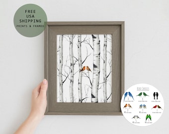 First Anniversary Gift for couple, Personalized Christmas Gift Together for Husband Wife, Love Birds Wall Art Print