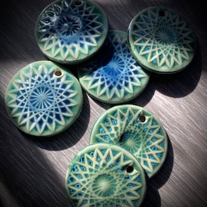 Ceramic Pendant Mandala Style Pendant Geometric Design Necklace Jewelry Focal DIY Designer Jewelry Copmponent Green Blue Necklace Pendant image 1