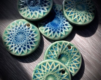 Ceramic Pendant Mandala Style Pendant Geometric Design Necklace Jewelry Focal DIY Designer Jewelry Copmponent Green Blue Necklace Pendant