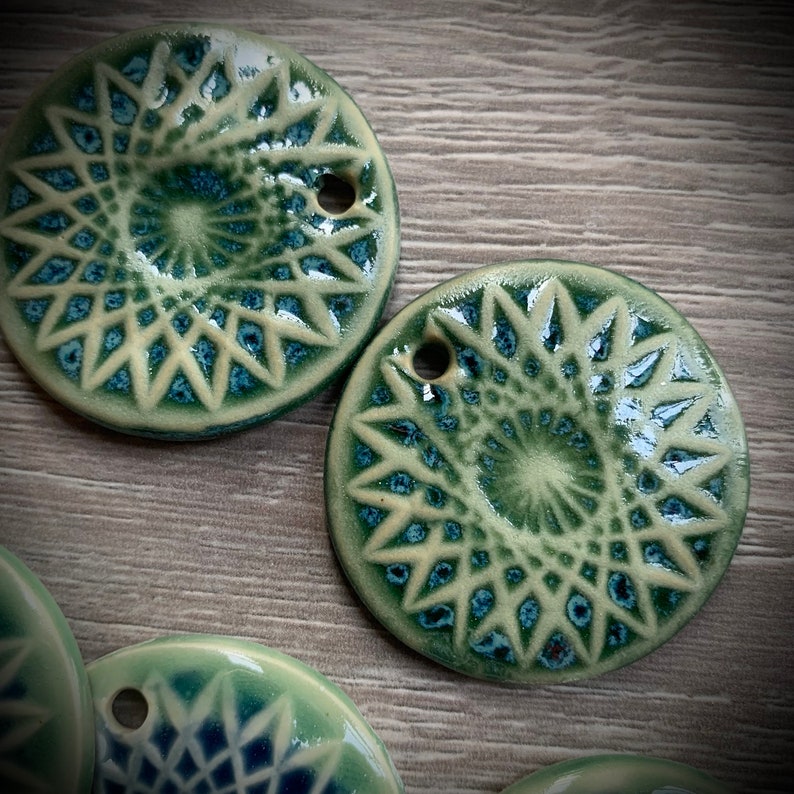 Ceramic Pendant Mandala Style Pendant Geometric Design Necklace Jewelry Focal DIY Designer Jewelry Copmponent Green Blue Necklace Pendant image 3