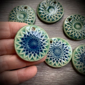 Ceramic Pendant Mandala Style Pendant Geometric Design Necklace Jewelry Focal DIY Designer Jewelry Copmponent Green Blue Necklace Pendant image 4