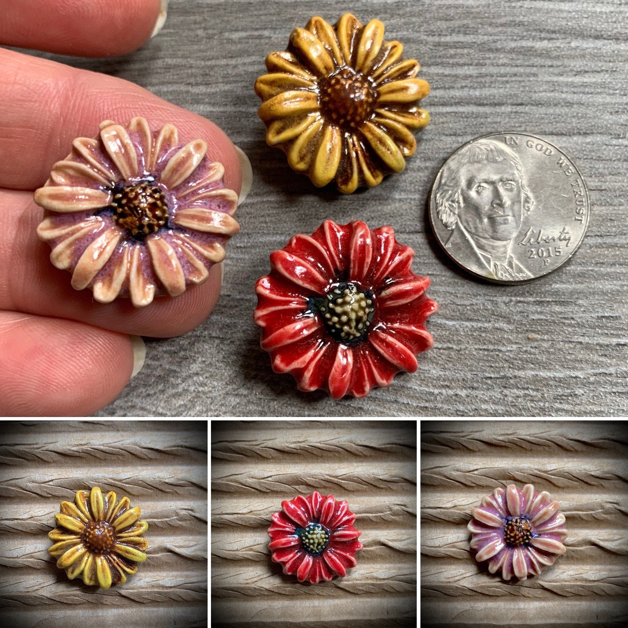 Decorative Heart Buttons - Ceramic Heart Button - Red Daisies - 1 3/8