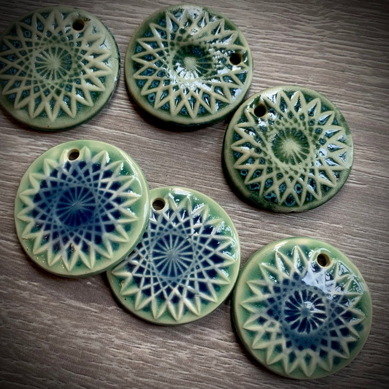 Ceramic Pendant Mandala Style Pendant Geometric Design Necklace Jewelry Focal DIY Designer Jewelry Copmponent Green Blue Necklace Pendant image 5