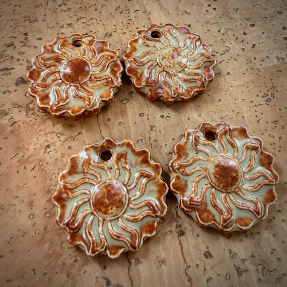 Handmade Amber Glazed Ceramic Sun Pendant, Celestial Amulet