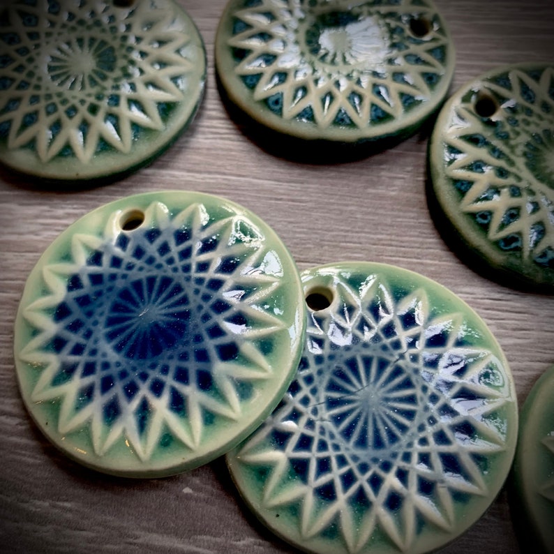 Ceramic Pendant Mandala Style Pendant Geometric Design Necklace Jewelry Focal DIY Designer Jewelry Copmponent Green Blue Necklace Pendant image 2