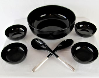 Vintage Mid Century Modern Chippendale By Towle Sterling Black Melamine and Sterling Silver Salad Bowl Set