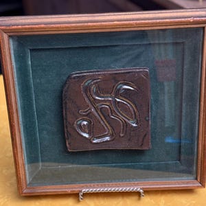 Green, Kabbalistic, Abstract, Hand Carved, Ceramic Art Tile in vintage frame Wall Art Gift