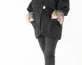 Sale Black Broadtail Persian Lamb Fur Coat with Fox Fur Collar and Cuffs XL-XXL-XXXL