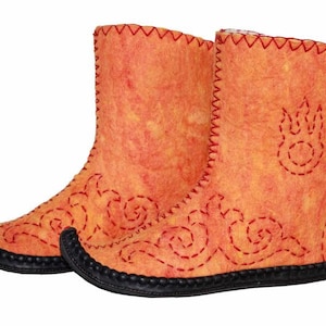 Mongolian Felt boots, orange, beautiful with leather sole, best yurt costume, winter deel home clothing, warm camping tent shoes, cute, cozy