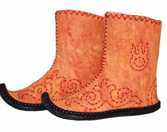 Mongolian Felt boots, orange, beautiful with leather sole, best yurt costume, winter deel home clothing, warm camping tent shoes, cute, cozy