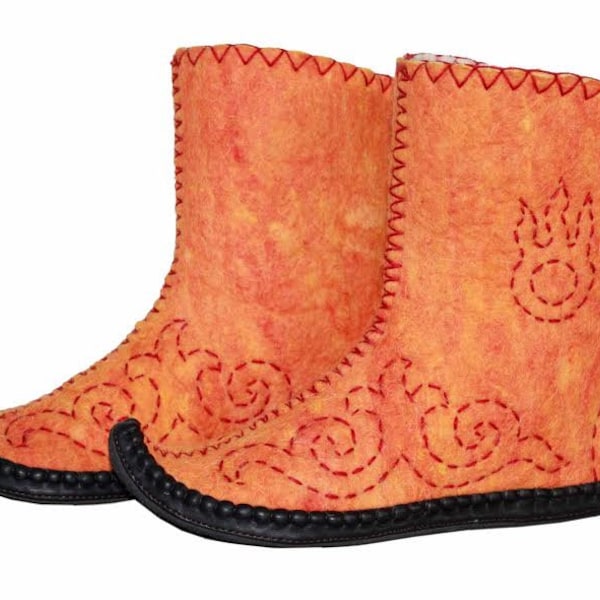 Mongolian Felt boots, orange, beautiful with leather sole, best yurt costume, winter deel home clothing, warm camping tent shoes, cute, cozy