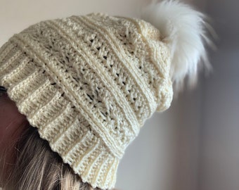Textured Slouch Hat w/Faux Fur Pom