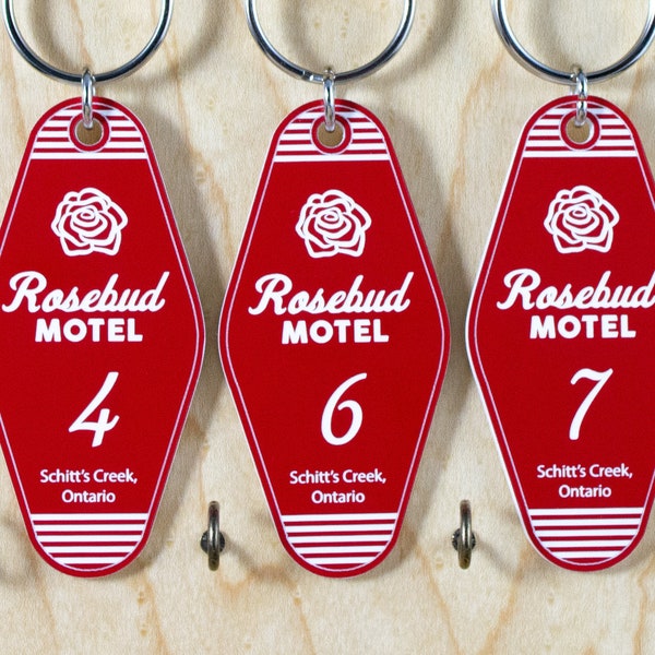 Schitts Creek Rosebud Motel Keychain Vintage Style | TV watch party favors and bachelorette gifts | Funny Retro Customized Key Tag Badge