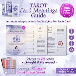 Peut inclure: Un produit numérique pour apprendre les significations des cartes de tarot. La couverture présente un design violet et blanc avec le texte "Journey through Tarot: A Complete Guide to Card Meanings". Le produit comprend plus de 340 pages d'interprétations approfondies et une feuille de triche de tarot gratuite.