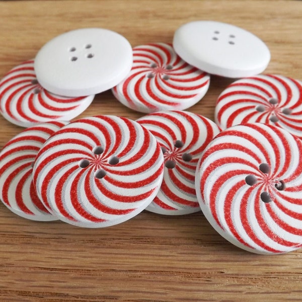 10 Round Candy Cane Buttons, 30mm (1 1/8 Inch) Wood Valentine Buttons, 4 hole Peppermint Buttons, Christmas Buttons