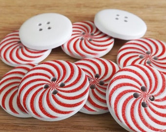 20 Round Candy Cane Buttons, Red And White Buttons, 30mm Wood Valentine Buttons, 4 hole Peppermint Buttons, Christmas Holiday Buttons