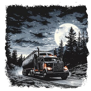 May include: A black semi-truck with a tanker trailer drives down a snowy road at night. The truck has its headlights on and the road is illuminated by a full moon. The sky is dark and cloudy with stars visible.