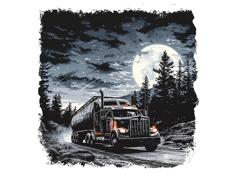 May include: A black semi-truck with a tanker trailer drives down a snowy road at night. The truck has its headlights on and the road is illuminated by a full moon. The sky is dark and cloudy with stars visible.