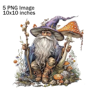 May include: A whimsical illustration of a bearded wizard wearing a purple hat and blue robe, sitting beside a large orange and yellow mushroom. He holds a staff in one hand and the mushroom in the other. The scene is set in a forest with green foliage and other mushrooms.